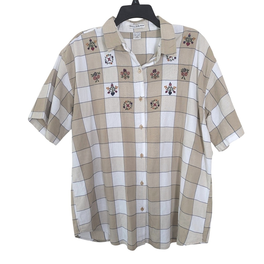 Vintage 90s Maggie & Max Cottagecore Embroidered Plaid Button Down Shirt 2X